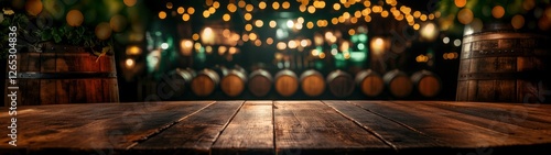 Happy St. Patrickâ€™s Day Background, A polished wooden counter with a blurred row of vintage Irish whiskey barrels in the background, green and gold string light bokeh hanging softly, with copy space