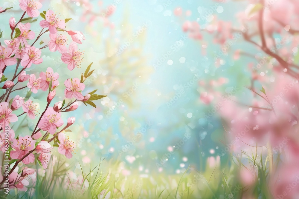 Beautiful spring background with blooming cherry blossoms, a blurred green meadow, and sunlight in the morning. Pastel pink flowers on branches create a blurred bokeh effect with a soft focus Beautiful spring background with blooming cherry blossoms, a blurred green meadow, and sunlight in the morning. Pastel pink flowers on branches create a blurred bokeh effect with a soft focus