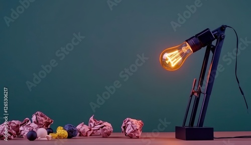 Stylish Desk Lamp Illuminating Crumpled Paper Balls on Table