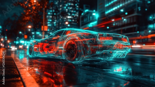Futuristic car, city night, design, rain