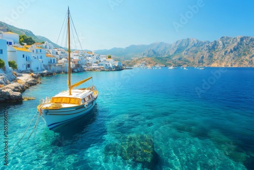 Picturesque loutro village with traditional fishing boat, crete, greece, europe photo