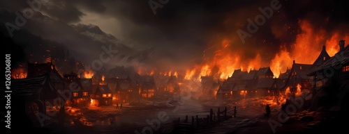burning village in dark sky background