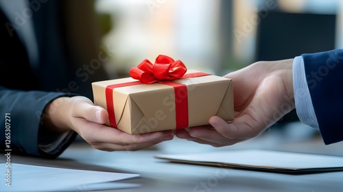 hand of a person giving a gift box to another person in an office setting