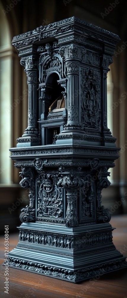 Fototapeta premium Intricate dark organ housed in ornate pedestal