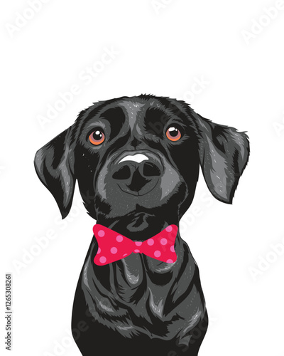 Adorable black dog close-up with a red polka dot bow tie, charming and playful pet illustration.