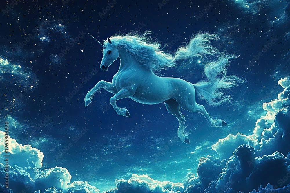 A magical unicorn under a starry sky filled with fluffy clouds A magical unicorn under a starry sky filled with fluffy clouds