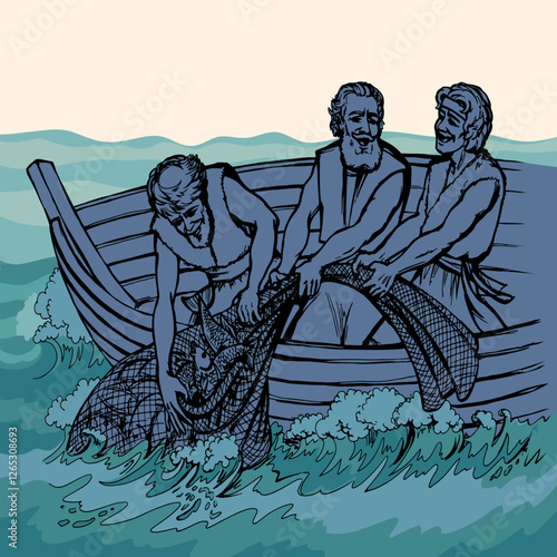 Vector drawing. Three men in the boat
