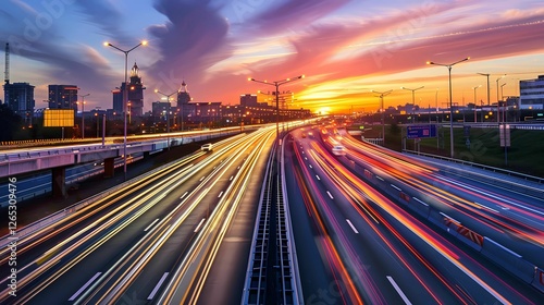 busy metropolitan highway at sunset