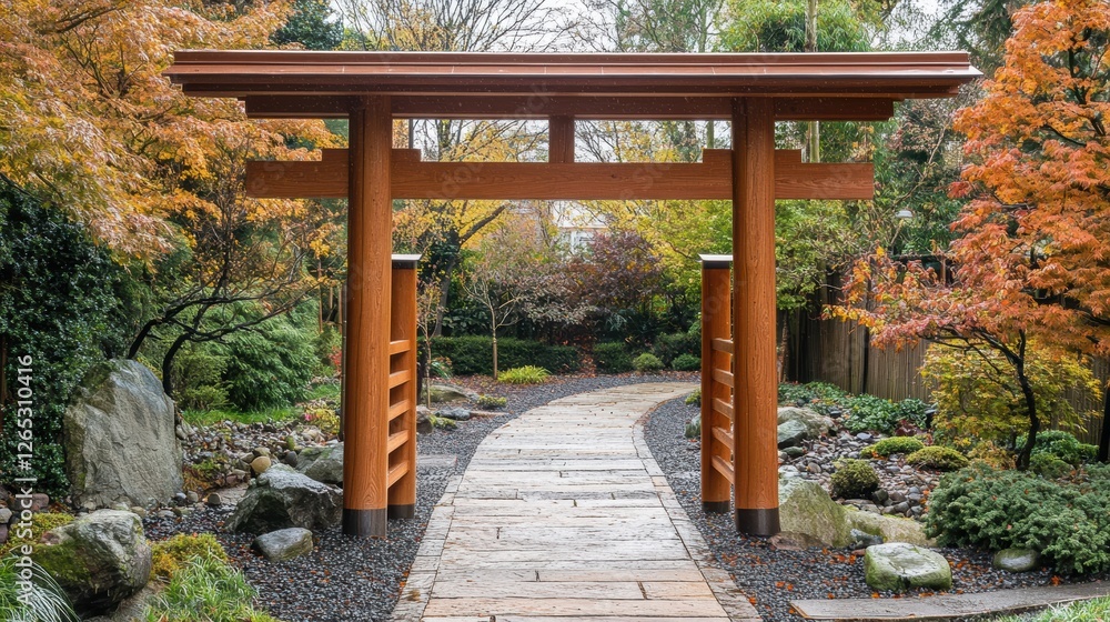 Torii gate frames serene japanese garden path in autumn Torii gate frames serene japanese garden path in autumn