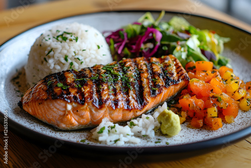 A plate of balanced nutrition with  grilled fish, cereals and vegetables photo