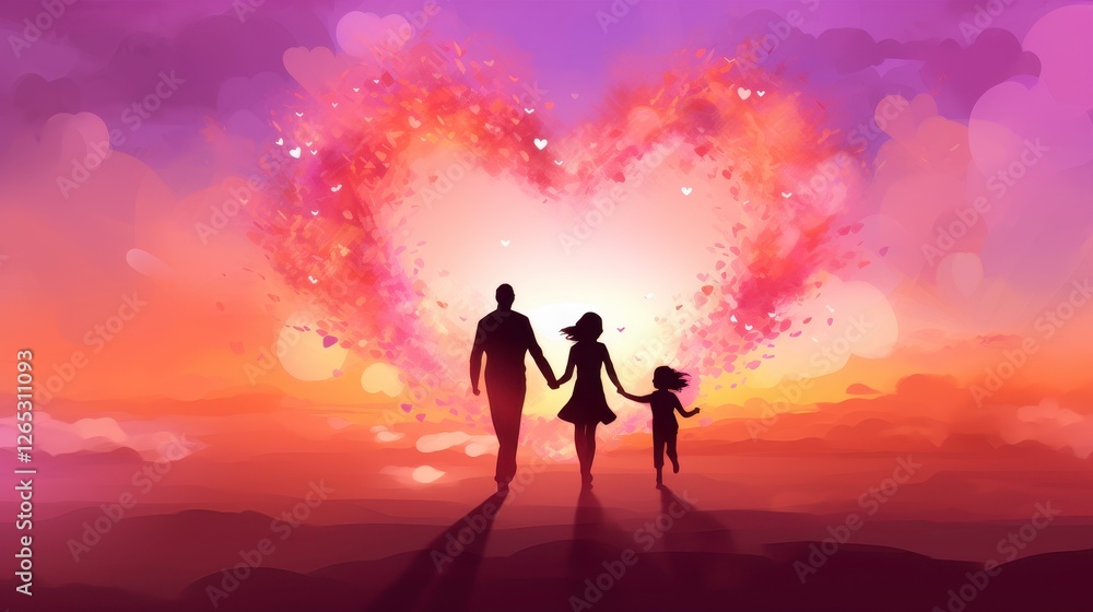 Silhouetted Family Walking Hand in Hand Against a Colorful Sunset Background with Heart Sparklers Representing Love and Togetherness Silhouetted Family Walking Hand in Hand Against a Colorful Sunset Background with Heart Sparklers Representing Love and Togetherness