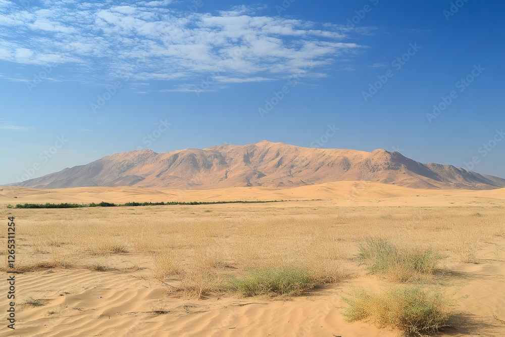 Dry desert landscape meeting mountain range under blue sky Dry desert landscape meeting mountain range under blue sky