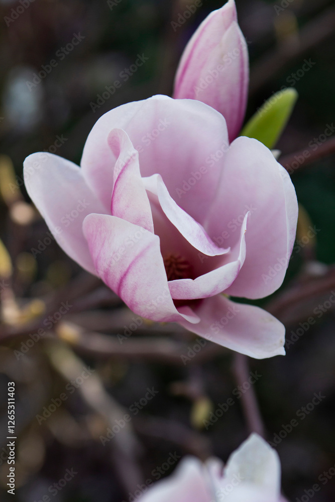 Tender magnolia flowers in a city park, spring Moldova. Selective focus.