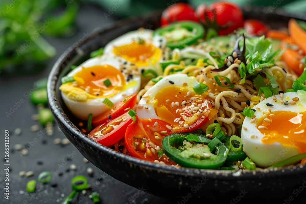 Vibrant ramen bowl with fresh toppings. Artificial intelligence image Vibrant ramen bowl with fresh toppings. Artificial intelligence image