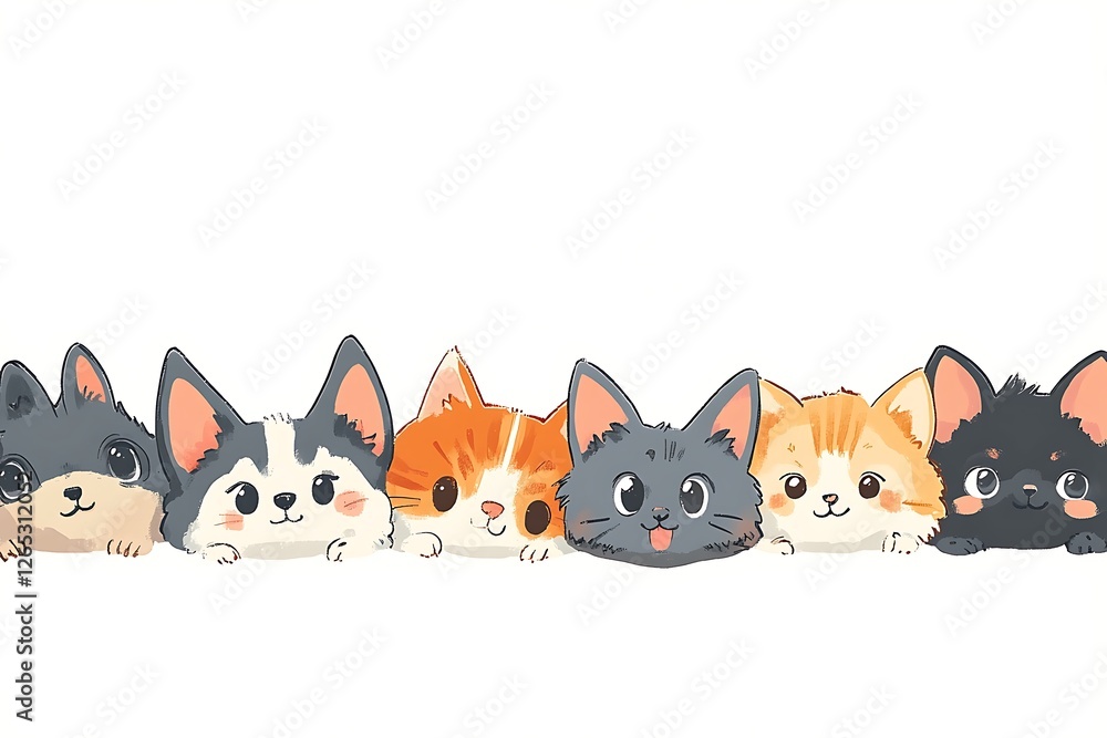 Adorable Kitten Heads Peeking Row Illustration Adorable Kitten Heads Peeking Row Illustration