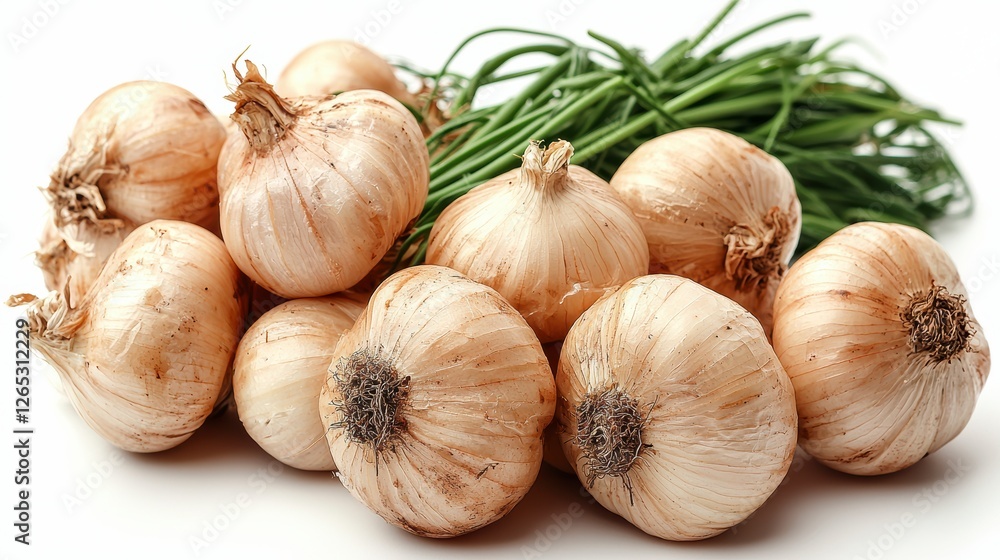 Fresh White Onions Isolated on White Background with Green Chives for Culinary or Food Photography Fresh White Onions Isolated on White Background with Green Chives for Culinary or Food Photography