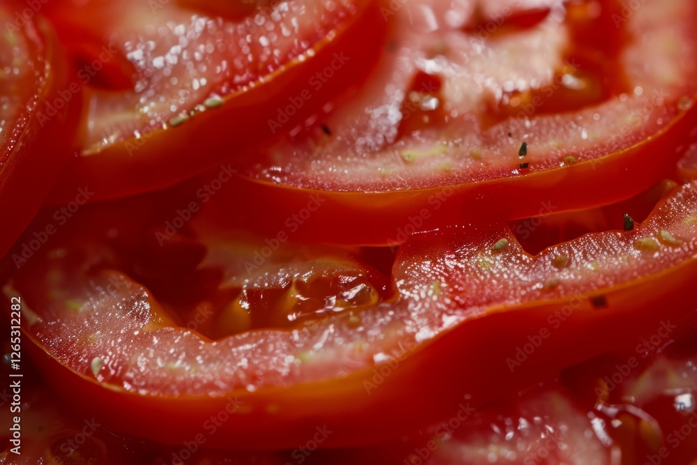 Close-up of fresh tomato slices in vibrant red hues. Artificial intelligence image Close-up of fresh tomato slices in vibrant red hues. Artificial intelligence image