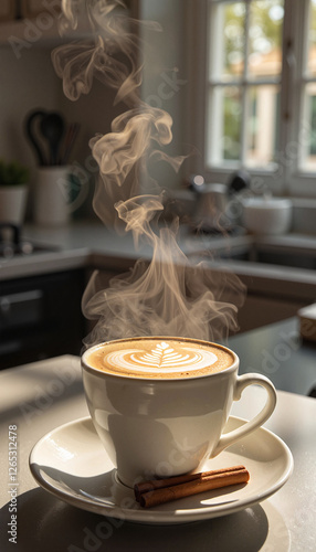 Steamy melange coffee with artistic swirl on kitchen counter, warmth photo