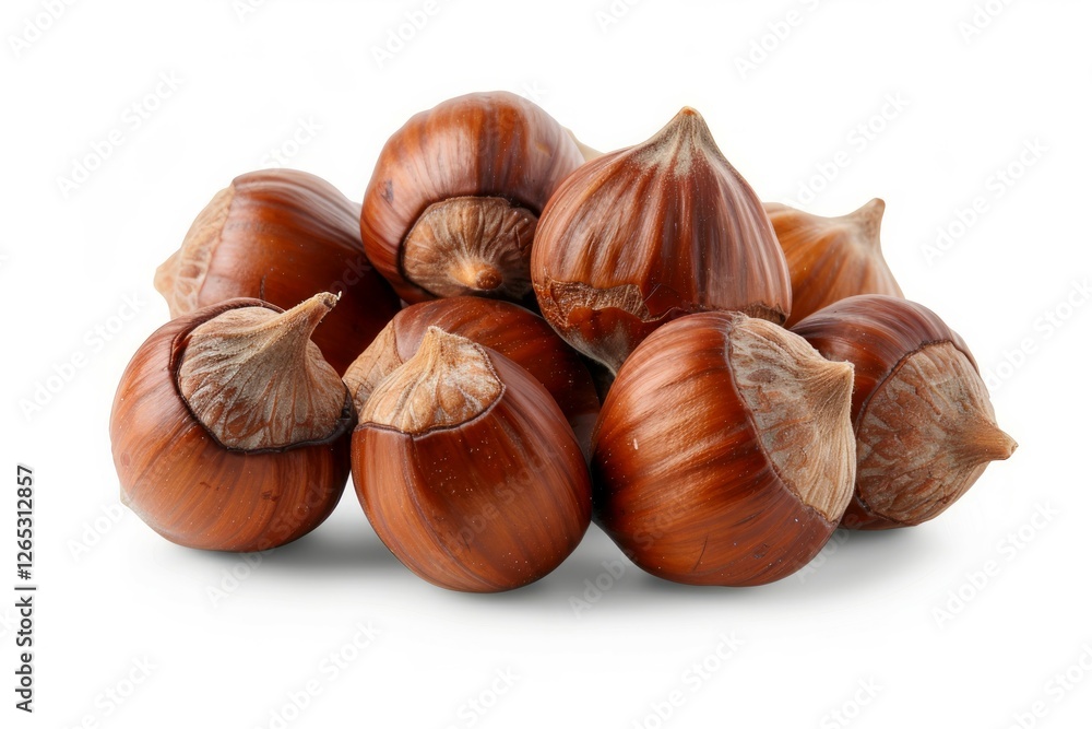 Close-up of hazelnuts on solid white background. Artificial intelligence image Close-up of hazelnuts on solid white background. Artificial intelligence image