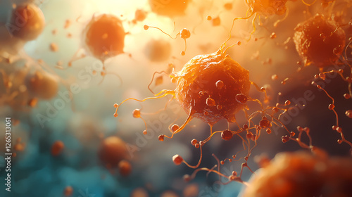 3D Render of Microscopic Cells in Orange and Blue