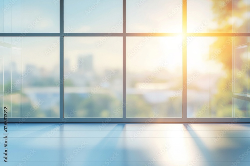 Fototapeta premium Blurred glass window interior background with sunlight shining through the windows. Blurry office or business center scene with large panoramic windows and a view of the natural landscape outside.