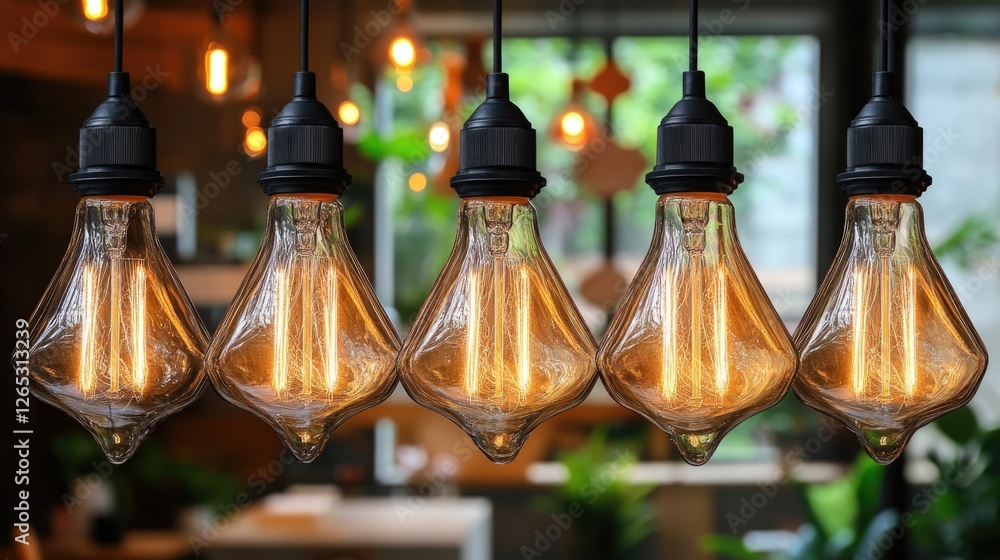 Obraz premium Vintage edison bulbs hanging in cozy cafe interior with greenery