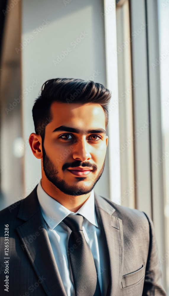 A young businessman in a dark suit gazing confidently outside while standing in a modern office. A young businessman in a dark suit gazing confidently outside while standing in a modern office.