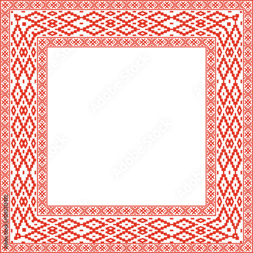 Vector red green square belarusian national ornament frame. Ethnic pattern rectangle of Slavic peoples, Russian, Ukrainian, Serb, Pole, Bulgarian. Cross stitch template