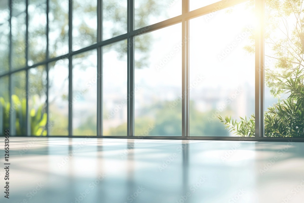 Fototapeta premium Blurred glass window interior background with sunlight shining through the windows. Blurry office or business center scene with large panoramic windows and a view of the natural landscape outside. 