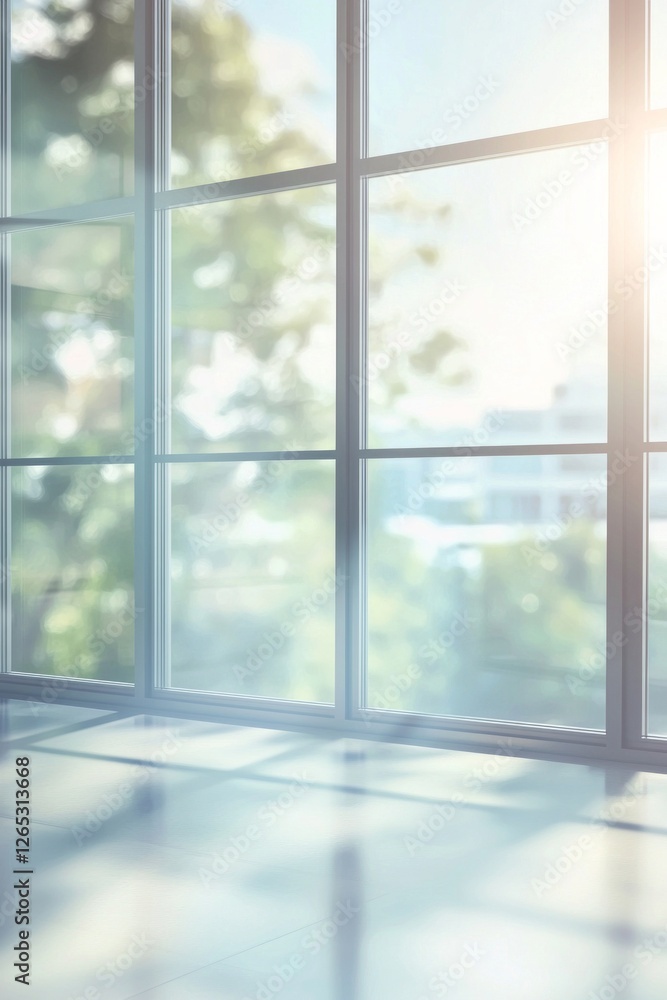 Blurred glass window interior background with sunlight shining through the windows. Blurry office or business center scene with large panoramic windows and a view of the natural landscape outside. Blurred glass window interior background with sunlight shining through the windows. Blurry office or business center scene with large panoramic windows and a view of the natural landscape outside.
