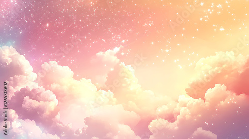 Dreamy Pastel Sky with Fluffy Clouds and Twinkling Stars at Sunset,pastel sky filled with fluffy clouds at sunset,sunset, whimsical,sky with soft colors and twinkling stars,fluffy clouds,dreams,magic.