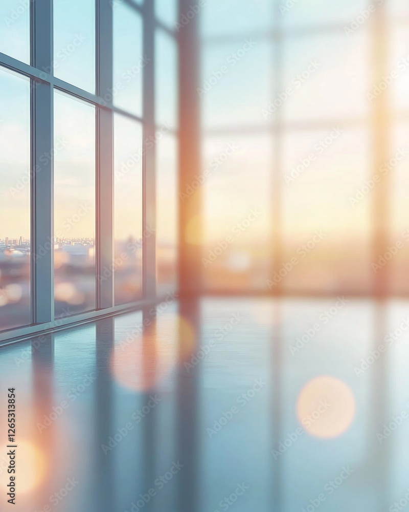 Fototapeta premium Blurred glass window interior background with sunlight shining through the windows. Blurry office or business center scene with large panoramic windows and a view of the natural landscape outside. 