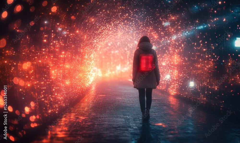 Woman walking through illuminated tunnel with vibrant lights at night Woman walking through illuminated tunnel with vibrant lights at night