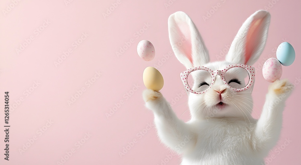 Fototapeta premium Joyful White Bunny Juggling Easter Eggs on Pink Background for Happy Easter Concept