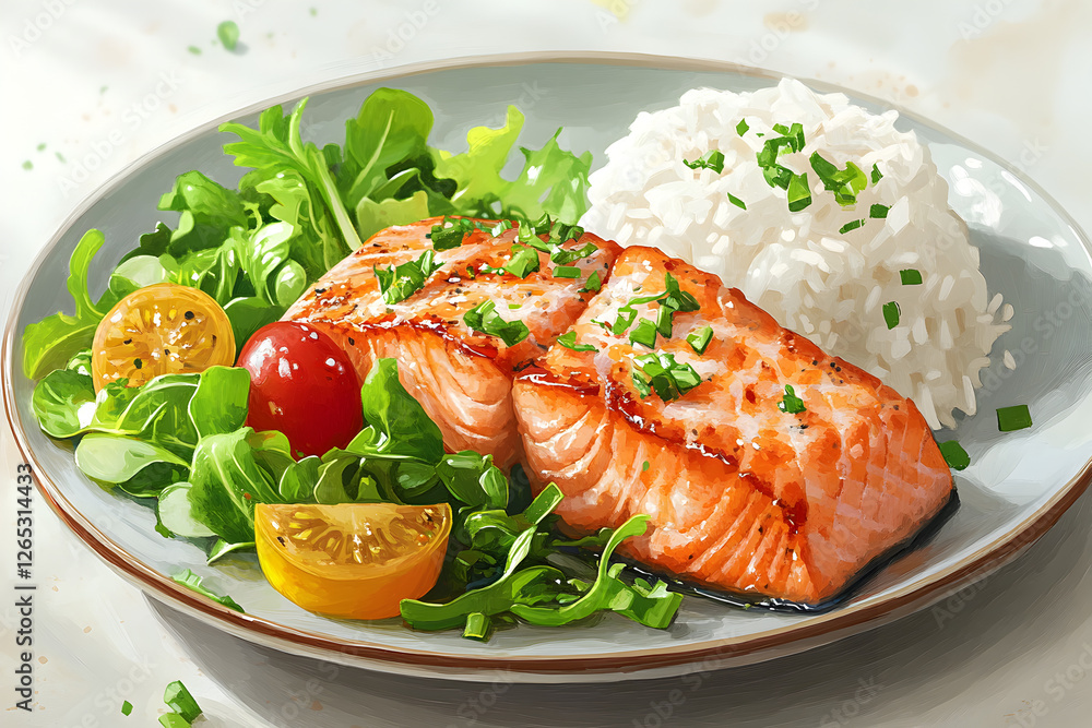 A plate of balanced nutrition with fish, cereals and vegetables A plate of balanced nutrition with fish, cereals and vegetables