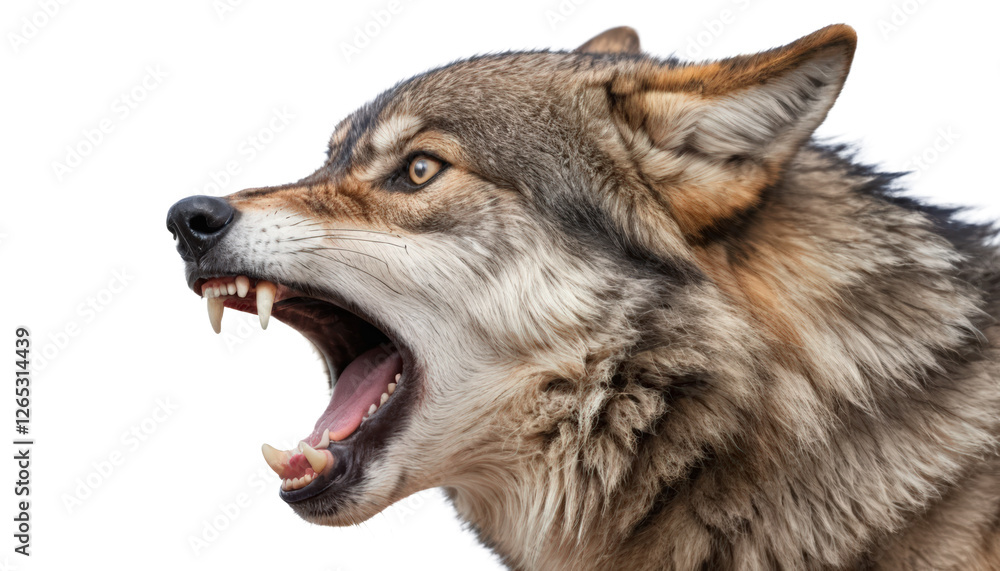 Fototapeta premium A wolf howling with open mouth and sharp fangs isolated on white background. 