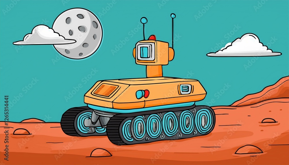 Obraz premium Space mars rover robot vechile. Hand drawn kids style perfect any project. Science, space explorer, technology, spaceship concept.
