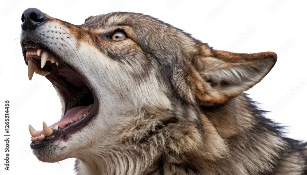 Fototapeta premium A wolf howling with open mouth and sharp fangs isolated on white background. 