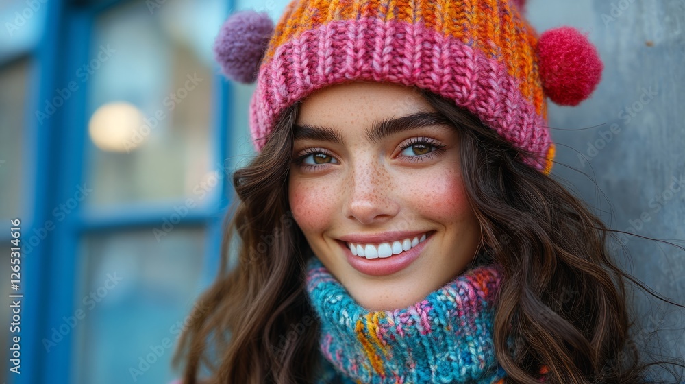 A joyful person in a knitted hat and scarf embodies winter spirit A joyful person in a knitted hat and scarf embodies winter spirit