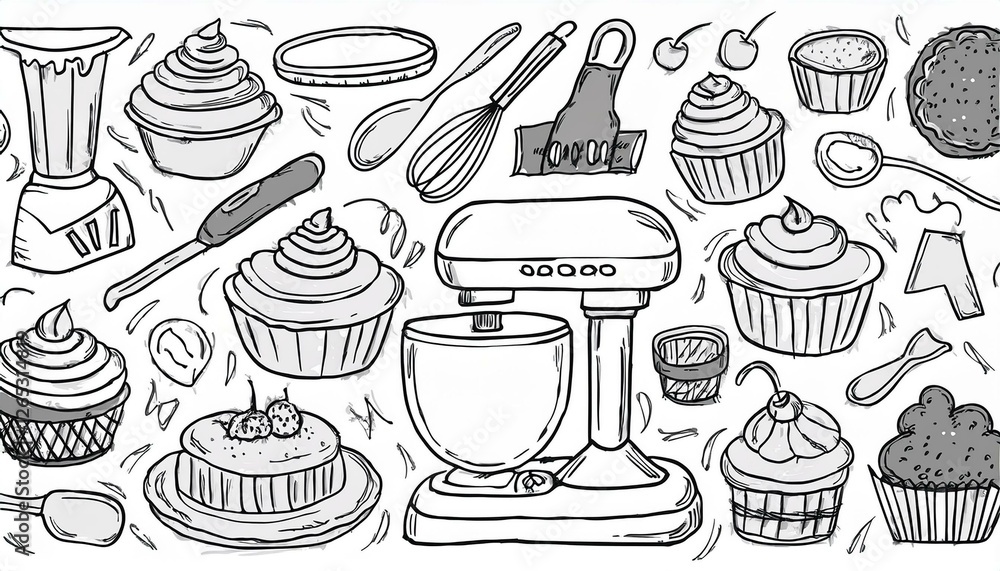 Hand drawn set of baking and cooking elements, mixer, cake, spoon, cupcake, scale. Doodle sketch style. Bakery element drawn by digital brush-pen. Illustration for icon, menu, recipe design. Hand drawn set of baking and cooking elements, mixer, cake, spoon, cupcake, scale. Doodle sketch style. Bakery element drawn by digital brush-pen. Illustration for icon, menu, recipe design.