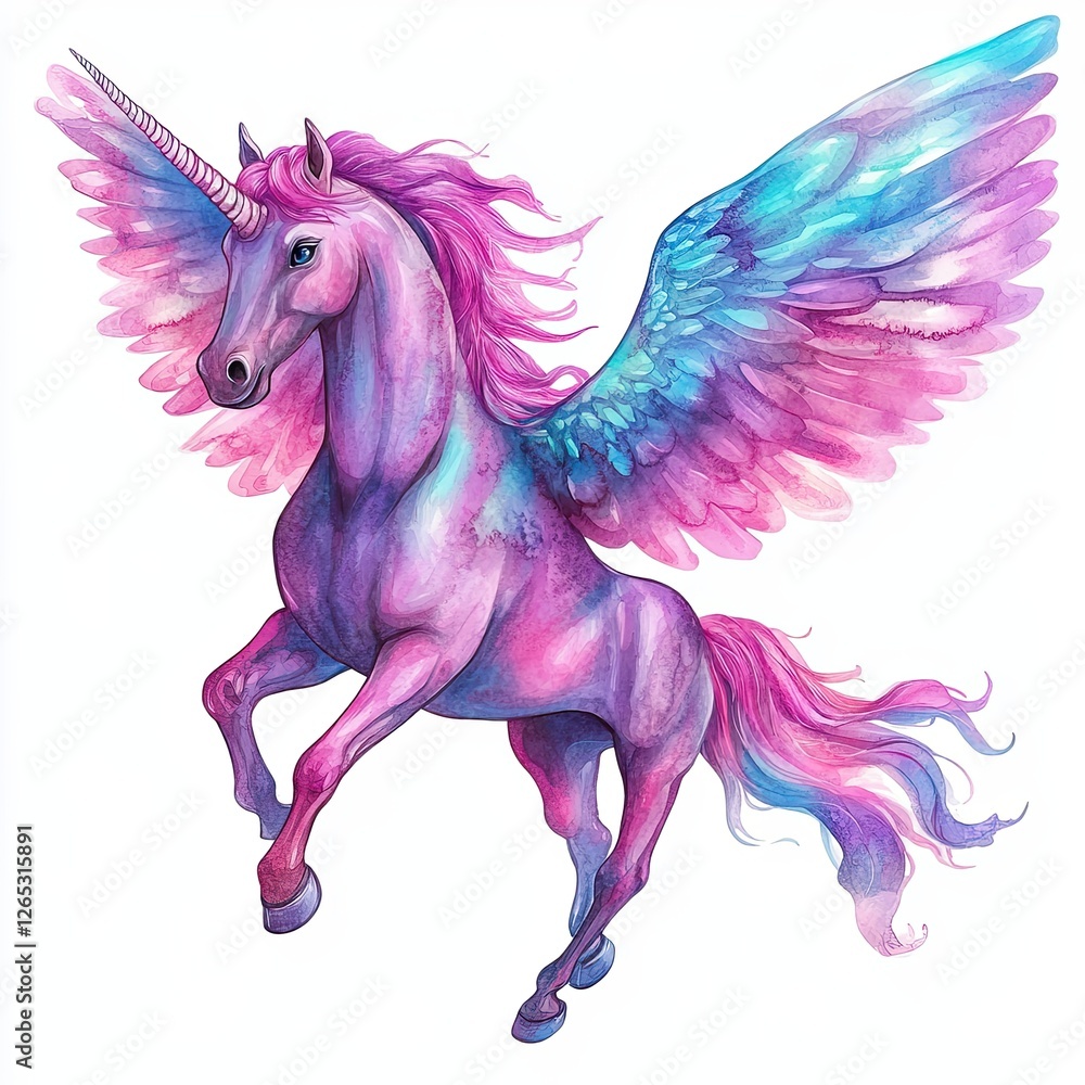 A magical animal clip art of a flying stallion, a fairy tale creature, illustrated in watercolor as a pegasus, isolated on a white background A magical animal clip art of a flying stallion, a fairy tale creature, illustrated in watercolor as a pegasus, isolated on a white background