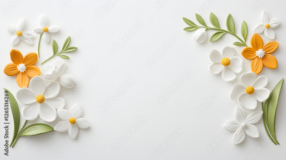 vibrant arrangement of spring flowers, featuring white and orange blooms, surrounded by green leaves, creating fresh and cheerful atmosphere vibrant arrangement of spring flowers, featuring white and orange blooms, surrounded by green leaves, creating fresh and cheerful atmosphere