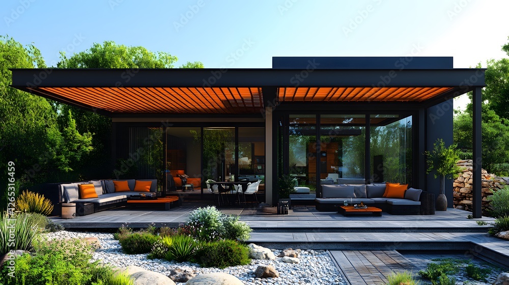 Obraz premium Rooftop terrace with a stylish pergola, maximizing shade and airflow with copy space