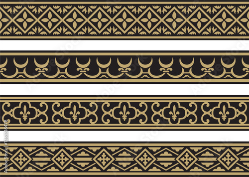 Vector set of gold and black seamless classic renaissance ornament. Endless european border, revival style frame