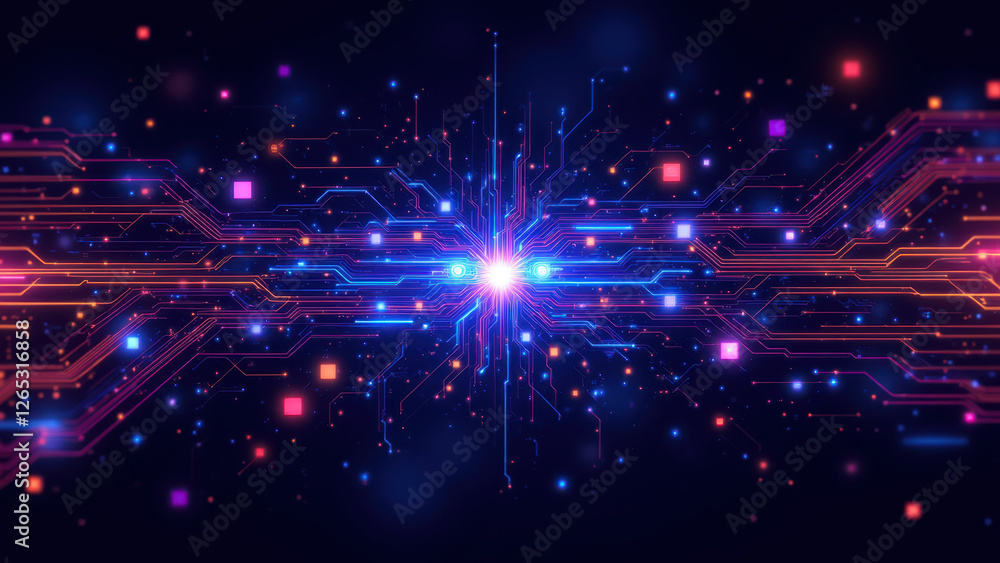 Obraz premium A futuristic digital art illustration representing CI/CD pipelines with a cosmic nebula theme, featuring vibrant colors and intricate patterns symbolizing DevOps and cloud-based systems.