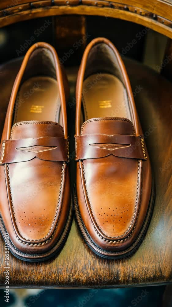 Elegant brown leather loafers displayed on a wooden surface in a well-lit room Elegant brown leather loafers displayed on a wooden surface in a well-lit room