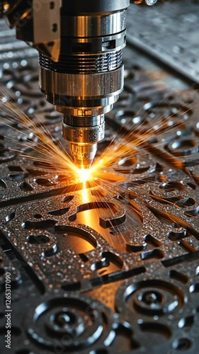 Laser cutting process illuminates intricate designs on metal surface in industrial workshop