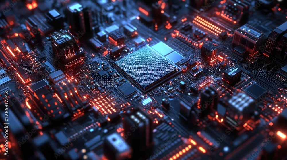 Glowing CPU on circuit board, tech background Glowing CPU on circuit board, tech background