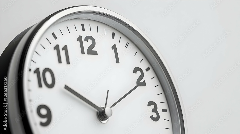 Close Up of a White Analog Clock with Black Hands on a Light Grey Wall Close Up of a White Analog Clock with Black Hands on a Light Grey Wall