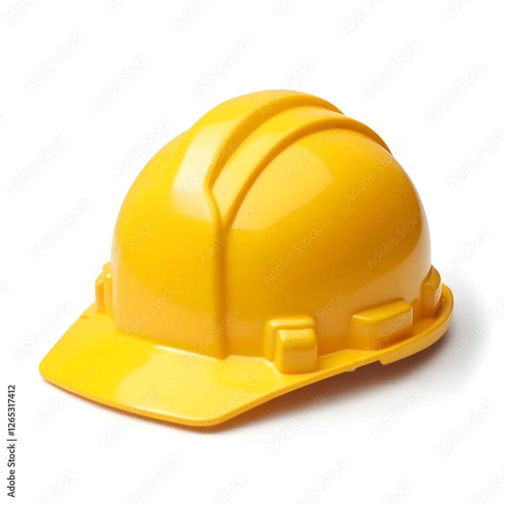 Fototapeta premium The bright yellow hard hat on a clean white background is perfect for building materials.